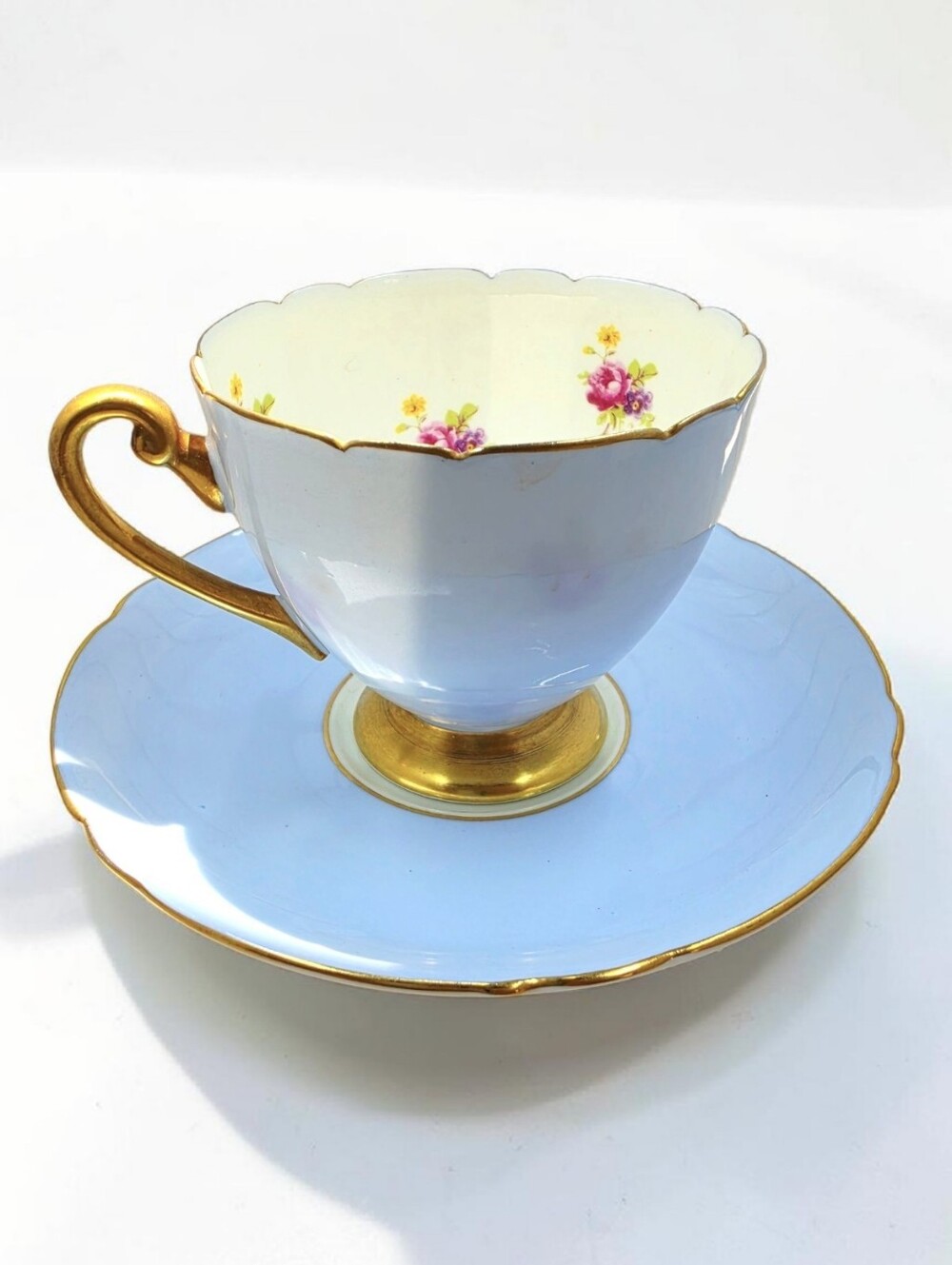 Shelley Light Blue Teacup & Saucer Gold Rim  Floral Interior England Numbered